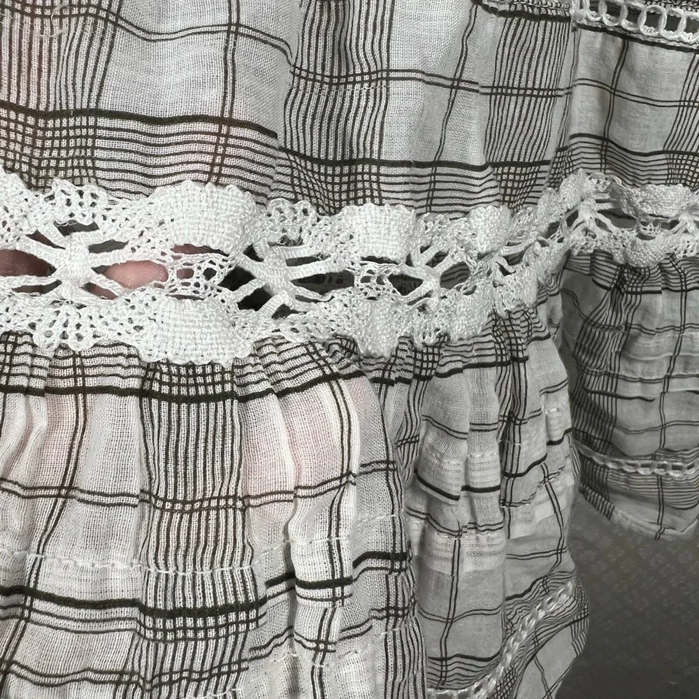 Free People White Grey‎ Plaid Time Out Eyelet Tiered Tunic Top